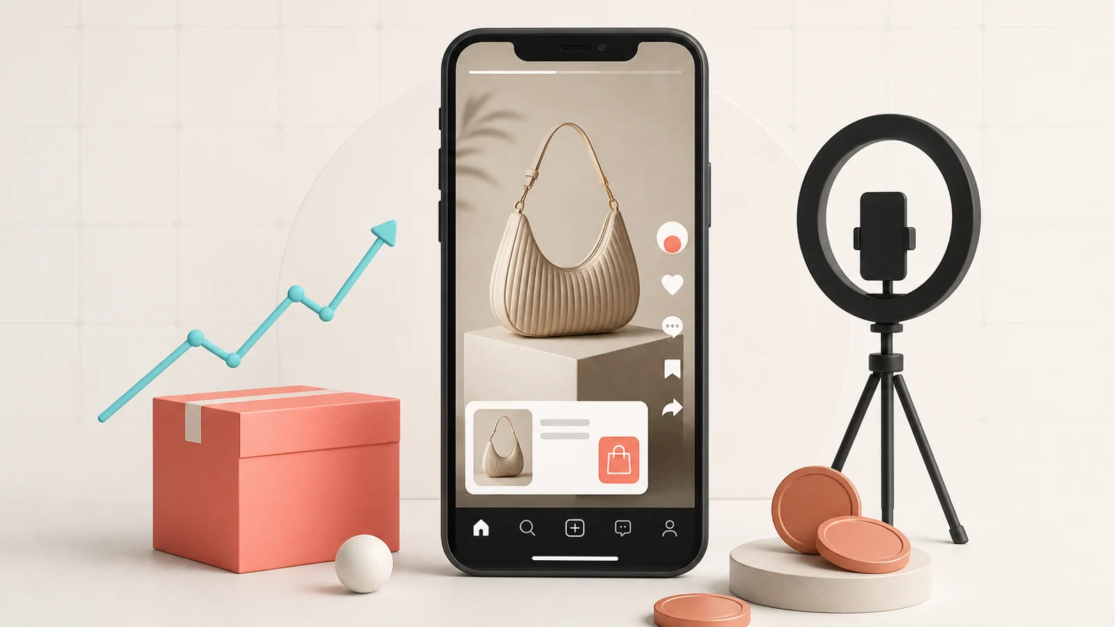 A phone showing a shoppable short-form product video beside a parcel, sales graph and creator ring light