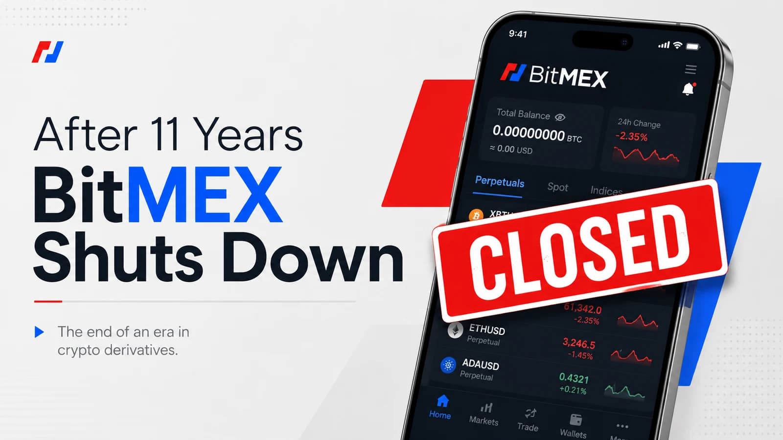 A phone showing the BitMEX trading app stamped with a red CLOSED sign, beside the words After 11 Years BitMEX Shuts Down
